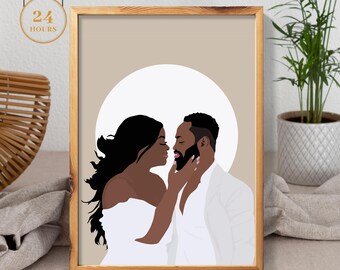 Black Couple Wall Art, Custom Faceless illustration, Black Love art portrait, Couple art print, personalized photo, Unique gift