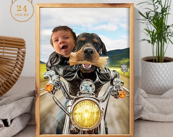 Custom Pets and Human on Motorbikes | Pet Gift Portraits | Pets Poster | Custom pets in Motorcycle | Funny Pets driving | Christmas Gift