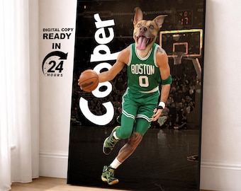 Boston Basketball Team Pet Portrait, Custom NBA Team, Basketball Fan Gift Art, Custom Portrait, Funny Pet Lover Gift (Digital Portrait)