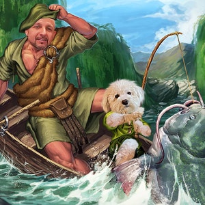 Retrato de pesca personalizado / Regalo para papá y abuelo / Retratos de mascotas / Retrato de pescador / Póster de hijo y papá / Póster de mascota y humano