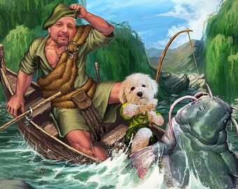 Custom Fishing Portrait | Gift for Dad and Grandfather | Pets Portraits | Fisherman Portrait | Son and Dad Poster | Pet and Human Poster