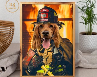 Custom Firefighter Pet Portrait | Firefighter | Firefighter Pet Portrait | Gift for fireman | Dog Portrait | Cat Portrait
