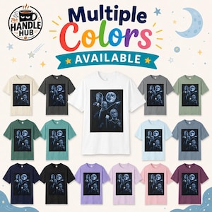 May include: A collection of short-sleeve t-shirts in various colors, each featuring a central graphic print of a person pointing toward a full moon. The text "Multiple Colors AVAILABLE" and "The Handle Hub" logo appear at the top of the image.