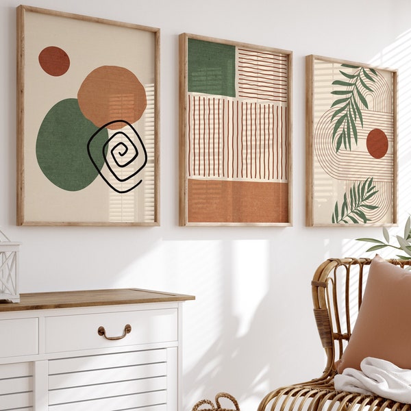 Boho Style Triptych Wall Art, Three Piece Abstract Art Print Digital, Geometric Lines Art Posters Set of 3, MCM Living Room Wall Decor