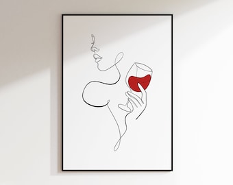 Mujeres sosteniendo arte de copa de vino tinto, cartel de arte de pared inspirado en el vino, niña bebiendo vino arte impresión digital, arte continuo de bebida de vino de una sola línea