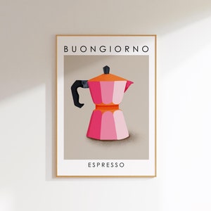 以下が含まれることがあります： ベージュの背景に黒い文字で「BUONGIORNO ESPRESSO」と書かれた額装されたプリント。プリントの中央にはピンクとオレンジのコーヒーポットがあります。