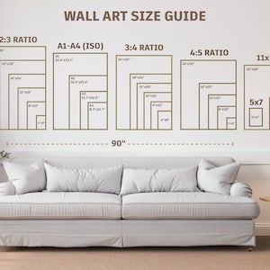 Puede incluir: Una gu&iacute;a de tama&ntilde;o de arte de pared con diferentes proporciones y tama&ntilde;os enumerados en pulgadas. La gu&iacute;a muestra las dimensiones de varios tama&ntilde;os de arte de pared, incluyendo la proporci&oacute;n 2:3, A1-A4 (ISO), la proporci&oacute;n 3:4, la proporci&oacute;n 4:5, 11x14 y 5x7. La gu&iacute;a se muestra en una pared blanca con un sof&aacute; blanco y una l&aacute;mpara en primer plano.
