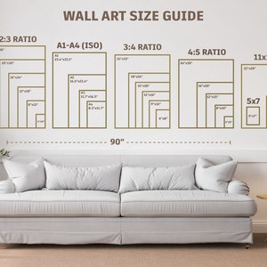Puede incluir: Una gu&iacute;a de tama&ntilde;o de arte de pared con diferentes proporciones y tama&ntilde;os enumerados en pulgadas. La gu&iacute;a muestra las dimensiones de varios tama&ntilde;os de arte de pared, incluyendo la proporci&oacute;n 2:3, A1-A4 (ISO), la proporci&oacute;n 3:4, la proporci&oacute;n 4:5, 11x14 y 5x7. La gu&iacute;a se muestra en una pared blanca con un sof&aacute; blanco y una l&aacute;mpara en primer plano.