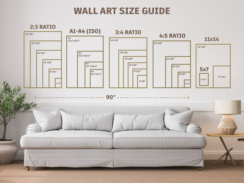 Puede incluir: Una gu&iacute;a de tama&ntilde;o de arte de pared con diferentes proporciones y tama&ntilde;os enumerados en pulgadas. La gu&iacute;a muestra las dimensiones de varios tama&ntilde;os de arte de pared, incluyendo la proporci&oacute;n 2:3, A1-A4 (ISO), la proporci&oacute;n 3:4, la proporci&oacute;n 4:5, 11x14 y 5x7. La gu&iacute;a se muestra en una pared blanca con un sof&aacute; blanco y una l&aacute;mpara en primer plano.