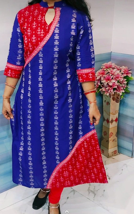Blue and white colour sambalpuri kurti with new design, 34inches