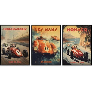 Vintage Autorennen 1930er Jahre Set. Sie erhalten 3 coole Designs der kultigsten Rassen. Tolle Wandkunst zum Drucken. Tolles Geschenk für Auto Liebhaber.