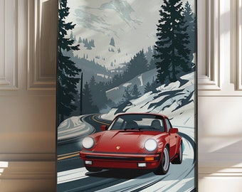 Porsche 911 Carrera Wall Art/Poster, Alpine Snow Car Poster Vintage