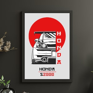 Op de afbeelding: Zwart-witte illustratie van een Honda S2000 met een rode cirkel erachter. De tekst "HONDA" staat verticaal in rood en de tekst "HONDA S2000" staat horizontaal in zwart.