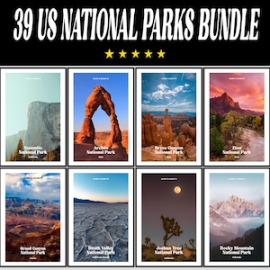 Op de afbeelding: Een collage van acht afbeeldingen die verschillende Amerikaanse nationale parken tonen. Elke afbeelding toont een schilderachtig landschap met de naam van het park en de locatie. De getoonde parken zijn Yosemite National Park, Arches National Park, Bryce Canyon National Park, Zion National Park, Grand Canyon National Park, Death Valley National Park, Joshua Tree National Park en Rocky Mountain National Park.