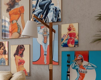 Woman Vintage Car Poster Set of 8, Retro Style Original Print From the 60s