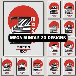 May include: A collection of 20 Japanese car designs, each featuring a different model, including the Mazda RX7, Toyota Supra, Nissan Skyline, and Honda S2000. The designs are in a minimalist style with a red circle and Japanese text.