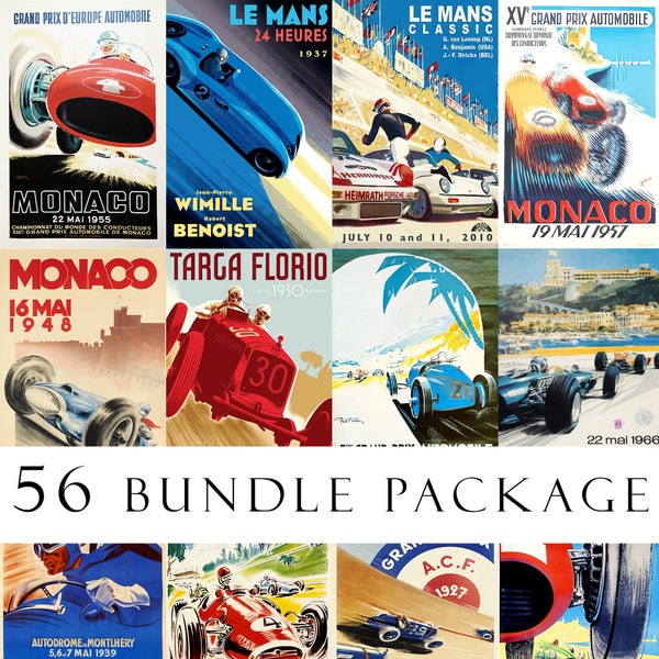 Vintage Car Racing Poster Set of 56, Retro Style Original Print between 20s and 70s