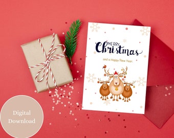 Reindeer Christmas Card, Printable Christmas Card, Digital Download, Christmas Greeting Card, Reindeer, Season Greetings