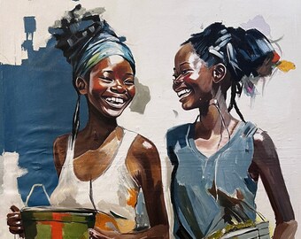 Smiling Sister's | Acrylic on Canvas Painting Wall Art African Art 79/60 cm Handmade