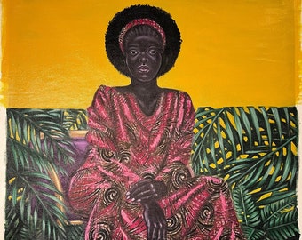 Old times shows a black woman sitting on a palmtree couch | Acrylic on Canvas Painting Wall Art African Art 79/59 cm Handmade