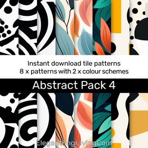 May include: A digital download of 8 abstract tile patterns in two color schemes. The patterns feature geometric shapes, leaves, and dots in black, white, orange, red, and green.