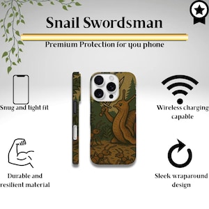 May include: A phone case featuring a cartoon snail with a sword, labelled "Snail Swordsman." The case is brown and green, with a snug fit and wireless charging. The design is durable and resilient, with a sleek wraparound design.