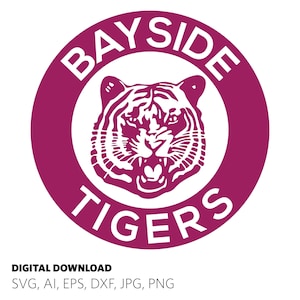 May include: A maroon circle with the words "BAY SIDE TIGERS" in white lettering around the edge. A white tiger head is in the centre of the circle.
