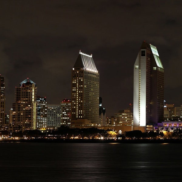 San Diego Skyline at Night Panoramic Photo (Circa 2010) Digital Download High Resolution JPG File