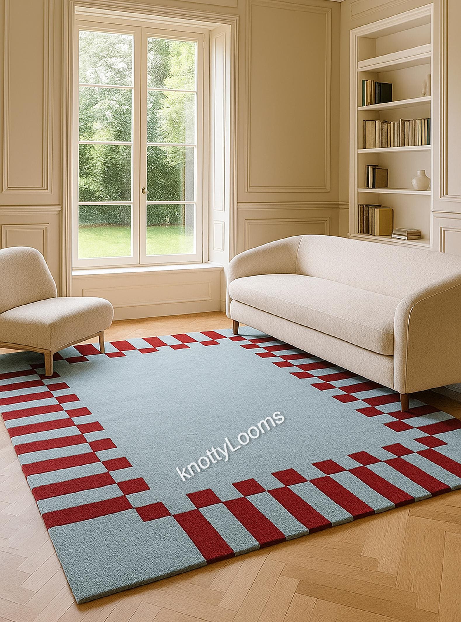 Light Blue Checkered Border Rug - Mod...