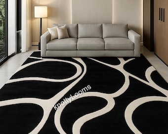 Hand Tufted Handmade Wool Rug, Black and Cream Abstract Rug, Modern Geometric Area Carpet, Contemporary Living Room Decor, Designer Rug
