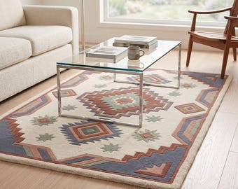 Handtuftad handgjord sydvästlig geometrisk matta, tribal aztekisk matta, boho vardagsrumsmatta, krämblå salvia terrakottadekor