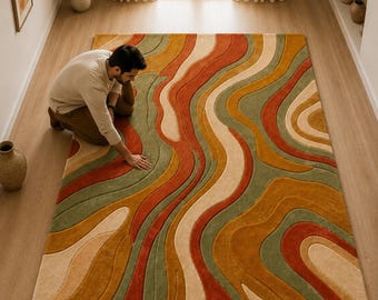 Handgetufteter abstrakter Wollteppich, moderner Teppich in Erdtönen, luxuriöser Wohnzimmerteppich, zeitgenössischer handgefertigter Teppich, Sonderanfertigungen