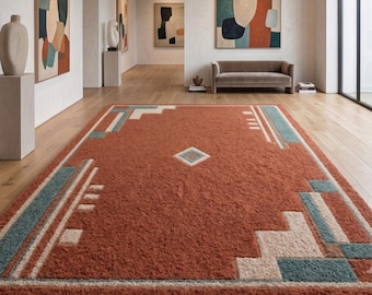 Hand Tufted Wool Rug, Modern Geometric Area Carpet, Rust Terracotta Home Decor