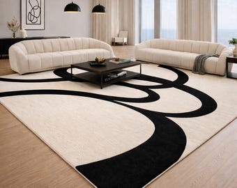 Modern Black and White Area Rug, Abstract Curve Rug, Hand Tufted Wool Carpet, Minimalist Living Room Rug, Custom Size Rug