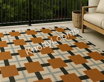 Handgetuft wollen vloerkleed, geometrisch geruit modern vloerkleed, karamelbruin ivoor
