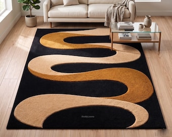 Tapete de lã feito à mão com tufos, tapete de luxo com ondas abstratas, tapete moderno em preto, dourado e bege, decoração personalizada para sala de estar e quarto.