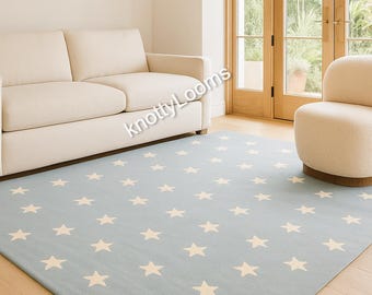 Hand Tufted Kids Star Rug, Handmade Wool Nursery Rug, Sky Blue White Star Area Rug, Baby Room Decor, Modern Playroom Carpet Gift