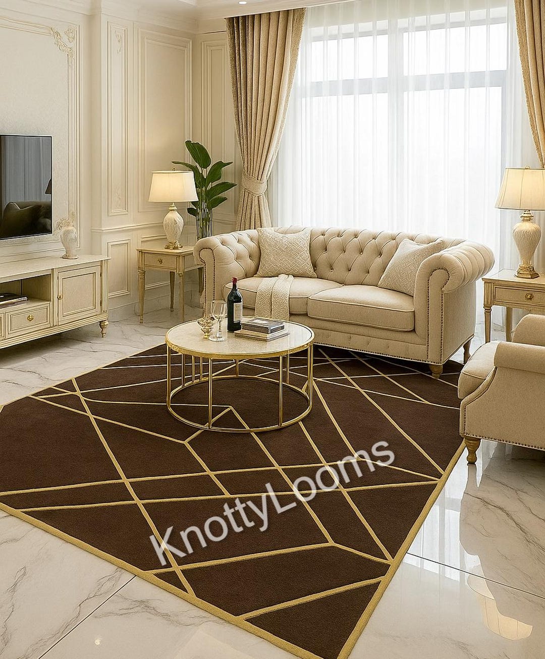 Luxury Brown and Gold Geometric Rug for Living Room, Modern Hand Tufted ...
