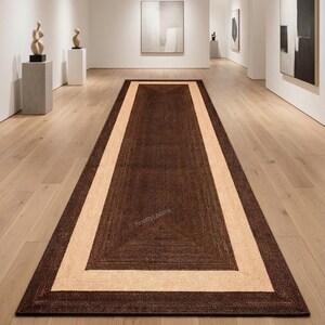 Natural Jute Brown Beige Bordered Runner Rug, Handwoven Long Hallway Carpet, Eco Friendly Rustic Minimalist Entryway Floor Decor