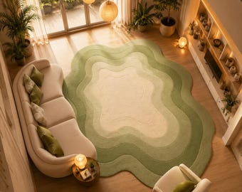 Hand Tufted Wool Abstract Area Rug, Organic Shape Modern Sage Green Rug