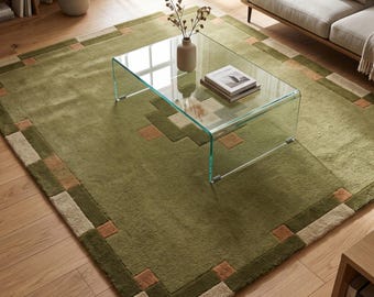 Alfombra de lana tejida a mano, alfombra de lujo verde oliva hecha a mano, alfombra geométrica moderna, alfombra de tamaño personalizado, decoración de diseño para sala de estar