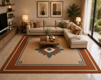 Hand Tufted Wool Rug, Southwestern Geometric Carpet, Beige Terracotta Living Room Decor, 8x10