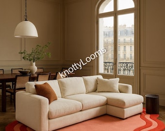 Hand Tufted Wool Scalloped Area Rug, Blush Pink Wavy Border Modern Home Décor