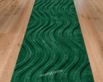 Emerald Green Wave Runner Rug, Modern Abstract Hallway Carpet, Plush Minimalist Long Runner Floor Decor Rug