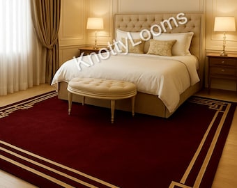 Luxury Hand Tufted Red Gold Bordered Rug, Thick Pile Wool Carpet for Bedroom Living Room, Modern Elegant Area Rug