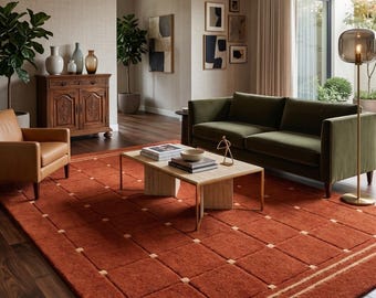 Hand Tufted Rust Wool Rug, Modern Geometric Area Rug, Terracotta Living Room Carpet, Contemporary Handmade Rug, Custom Size Loop Cut Pile