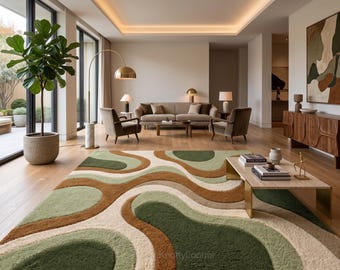 Hand Tufted Green Area Rug, Abstract Wavy Wool Rug, Modern Earth Tone Carpet, Sage Green Handmade Rug, Contemporary Living Room Decor