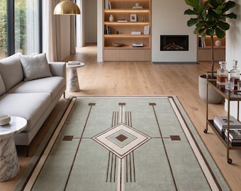 Alfombra de lana tejida a mano, alfombra geométrica Art Déco para sala de estar, color verde salvia, estilo minimalista para el hogar.