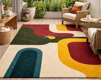 Tappeto in lana trapuntato a mano, tappeto geometrico astratto colorato in stile moderno di metà secolo, decorazione per la casa di carattere in stile boho.