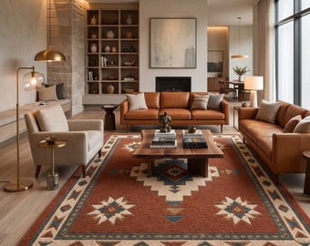 Hand Tufted Handmade Wool Rug, Southwestern Geometric Carpet, Boho Tribal Area Rug, Rust Brown Blue Beige Luxury Custom Size Rug
